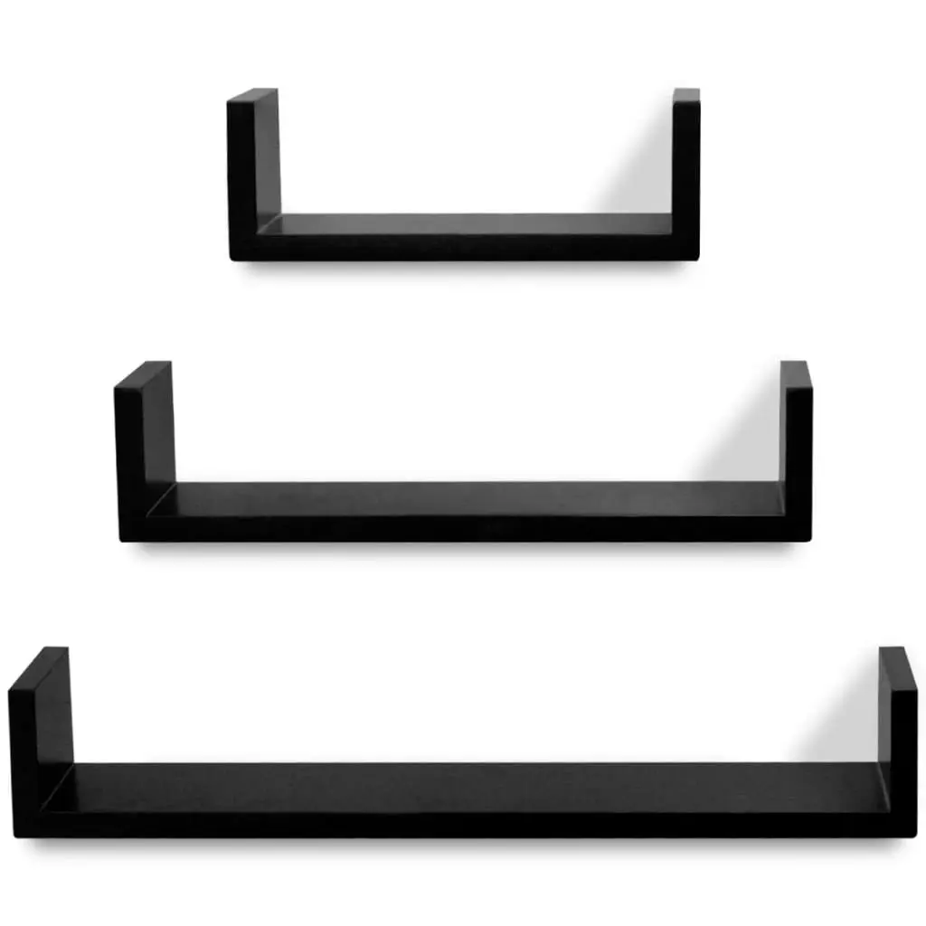 3 Black MDF U-shaped Floating Wall Display Shelves Book/DVD Storage 242175