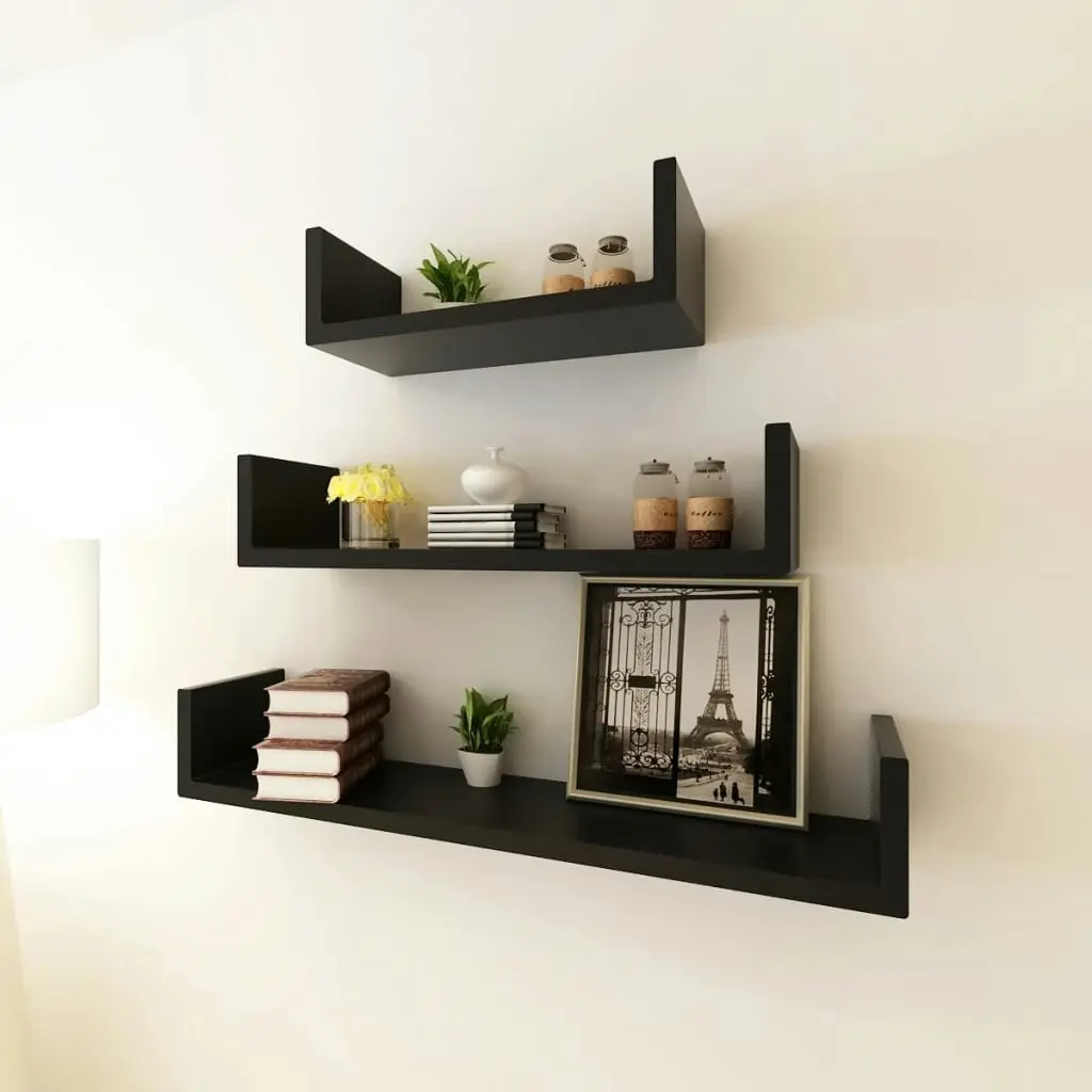 3 Black MDF U-shaped Floating Wall Display Shelves Book/DVD Storage 242175