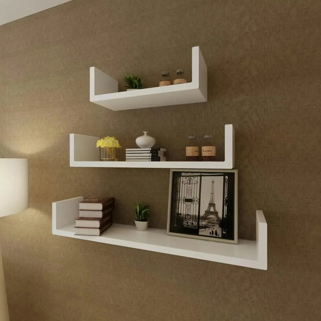 3 White MDF U-shaped Floating Wall Display Shelves Book/DVD Storage 242174