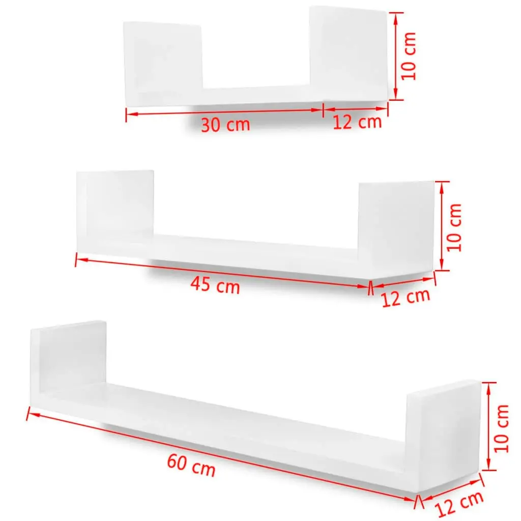 3 White MDF U-shaped Floating Wall Display Shelves Book/DVD Storage 242174