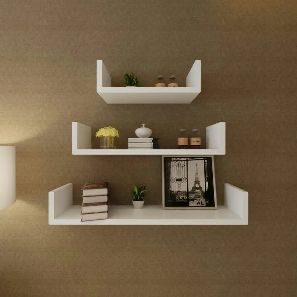 3 White MDF U-shaped Floating Wall Display Shelves Book/DVD Storage 242174