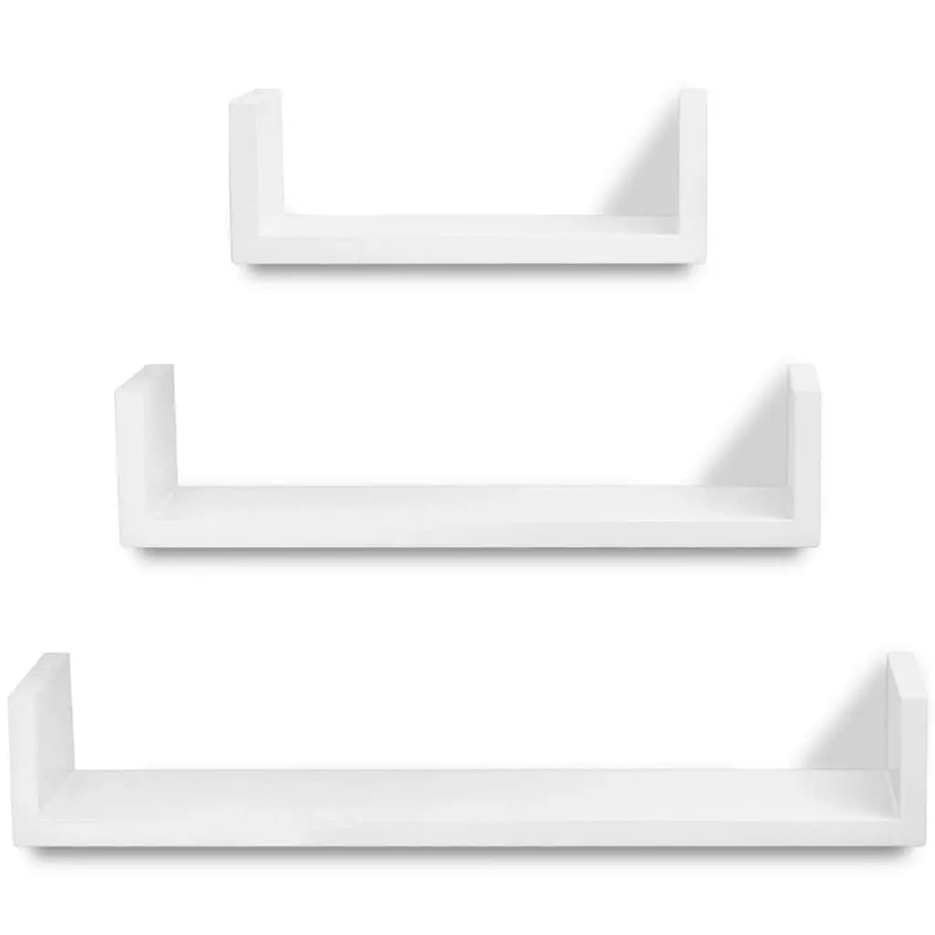 3 White MDF U-shaped Floating Wall Display Shelves Book/DVD Storage 242174