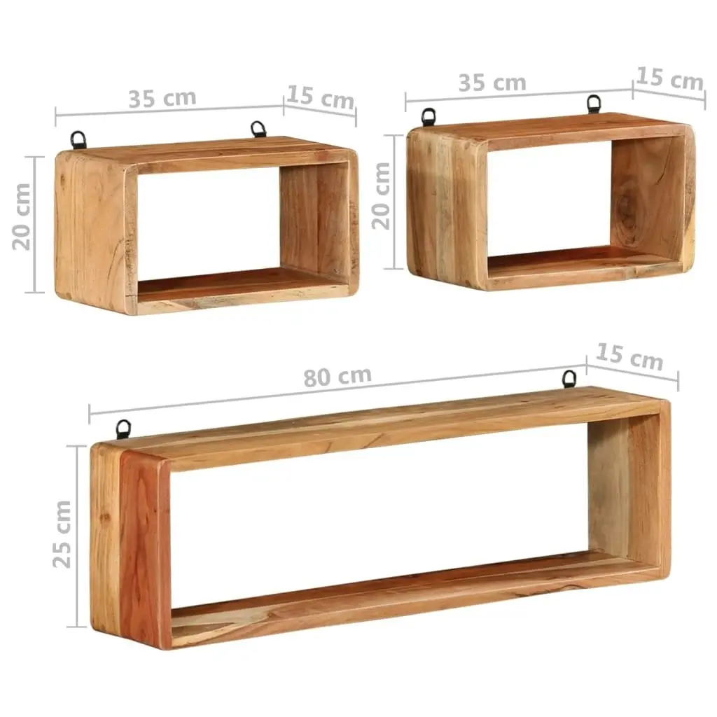 3 Piece Wall Cube Shelf Set Soild Acacia Wood 328262