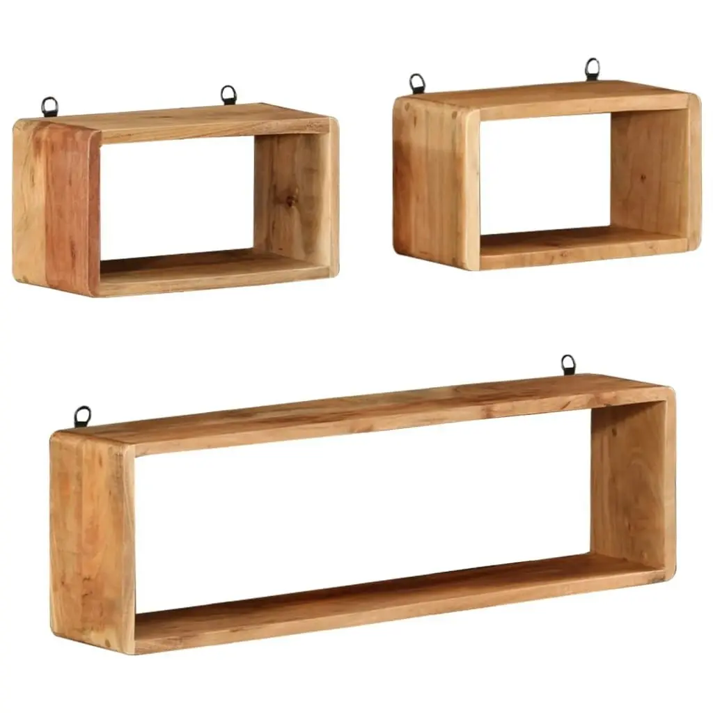 3 Piece Wall Cube Shelf Set Soild Acacia Wood 328262