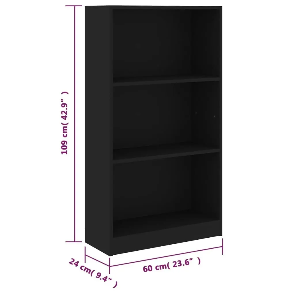 3-Tier Book Cabinet Black 60x24x109 cm Engineered Wood 800865