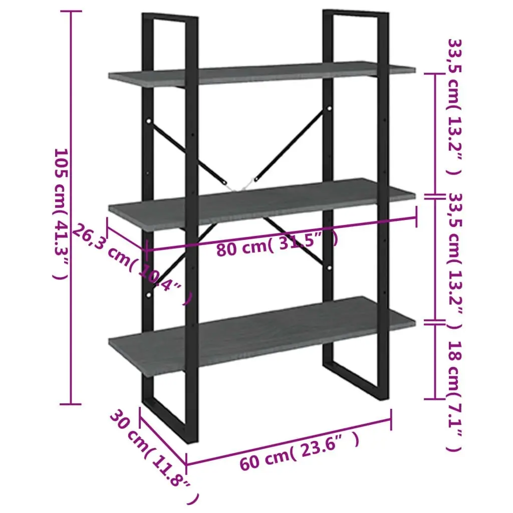 3-Tier Book Cabinet Grey 80x30x105 cm Solid Pine Wood 806534