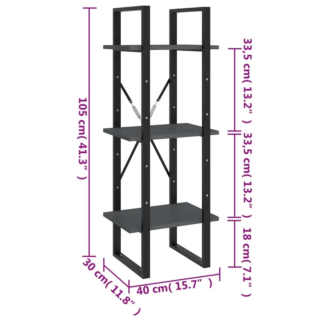 3-Tier Book Cabinet Grey 40x30x105 cm Solid Pinewood 806494