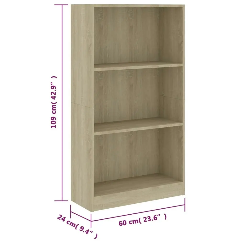 3-Tier Book Cabinet Sonoma Oak 60x24x109 cm Engineered Wood 800867