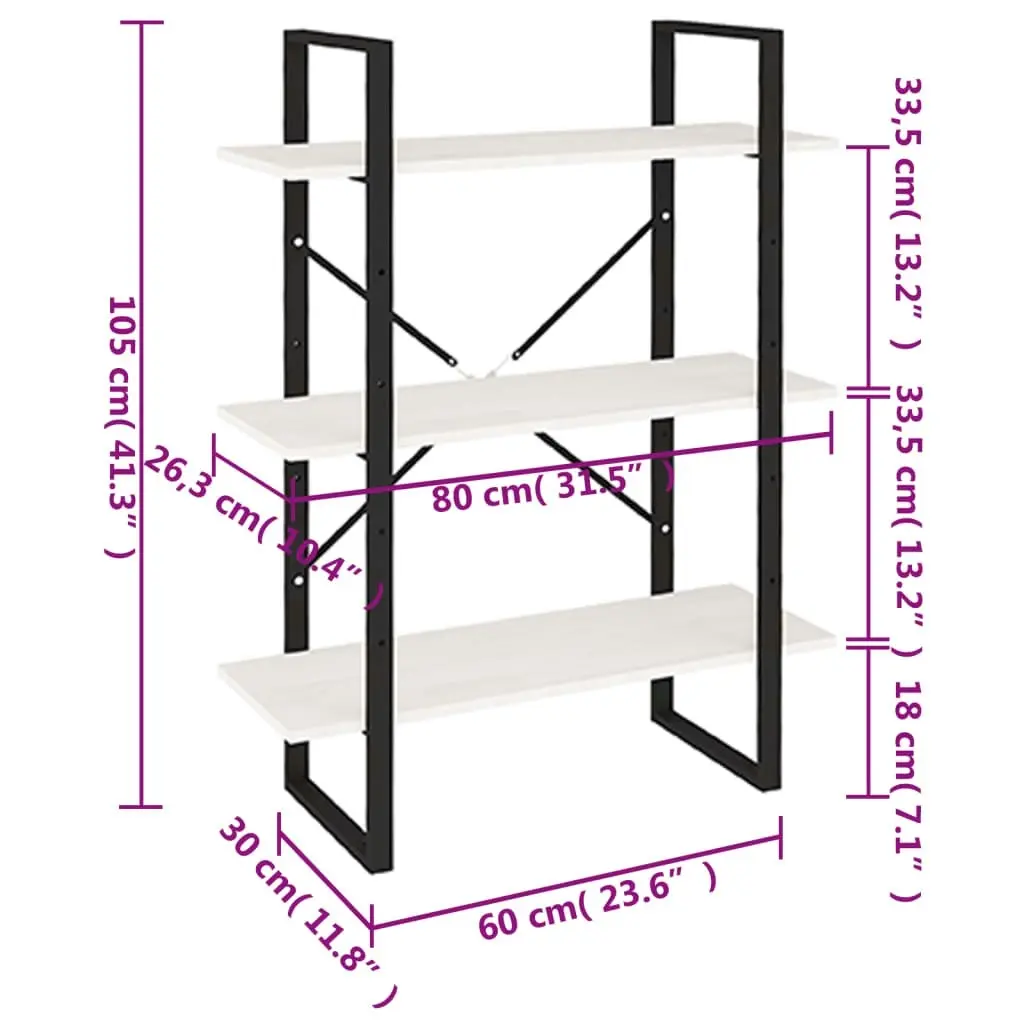 3-Tier Book Cabinet White 80x30x105 cm Solid Pine Wood 806533