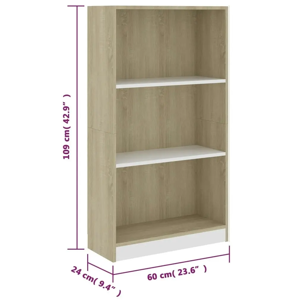 3-Tier Book Cabinet White&Sonoma Oak 60x24x109 Engineered Wood 800869