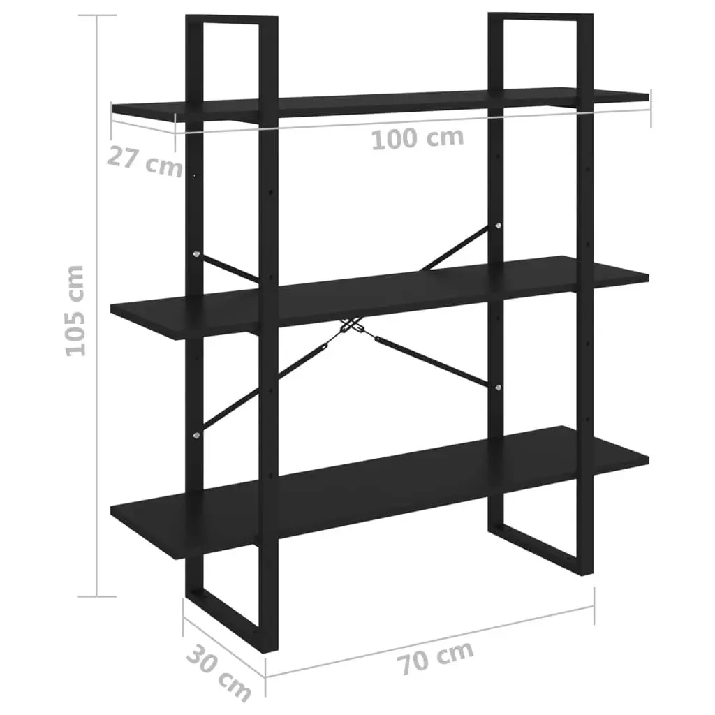 3-Tier Book Cabinet Black 100x30x105 cm Solid Pine Wood 806556