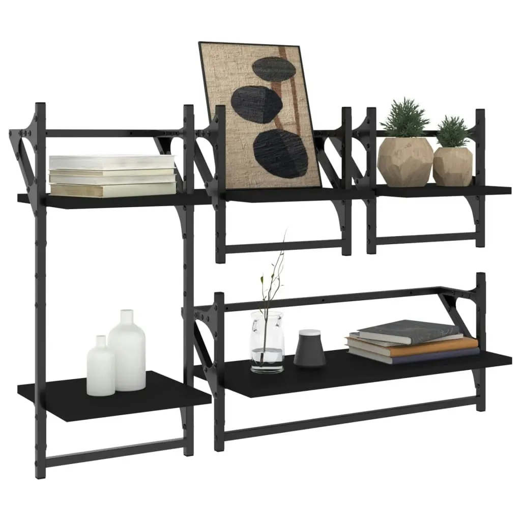 4 Piece Wall Shelf Set with Bars Black Engineered Wood 836263