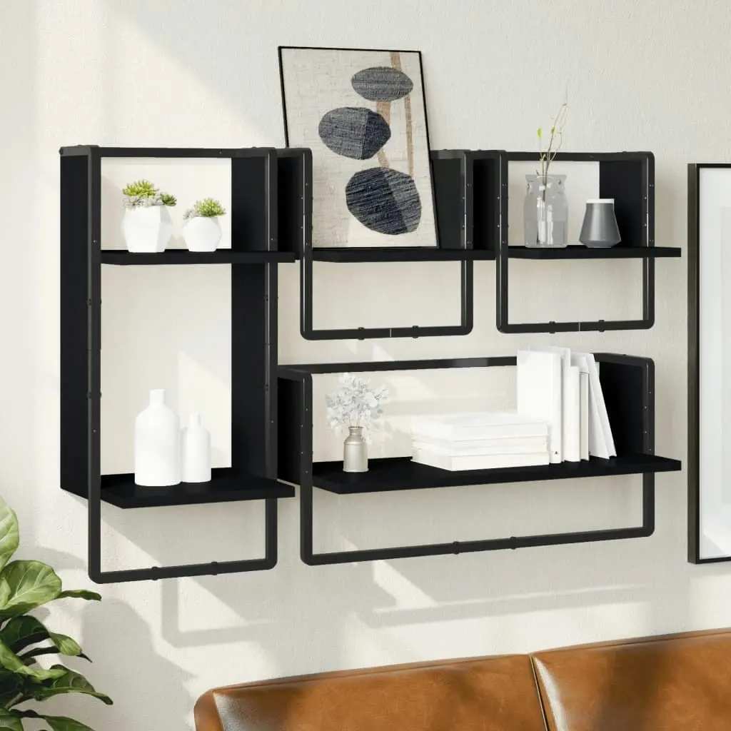 4 Piece Wall Shelf Set with Bars Black Engineered Wood 836308