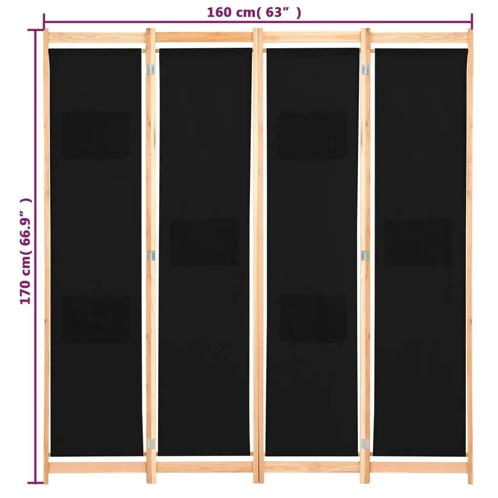 4-Panel Room Divider Black 160x170x4 cm Fabric 248184