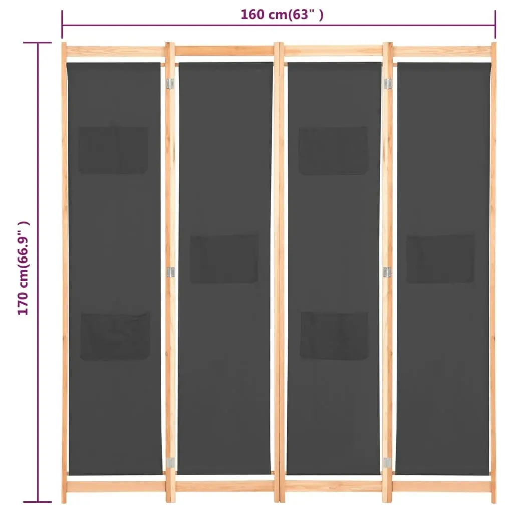 4-Panel Room Divider Grey 160x170x4 cm Fabric 248176