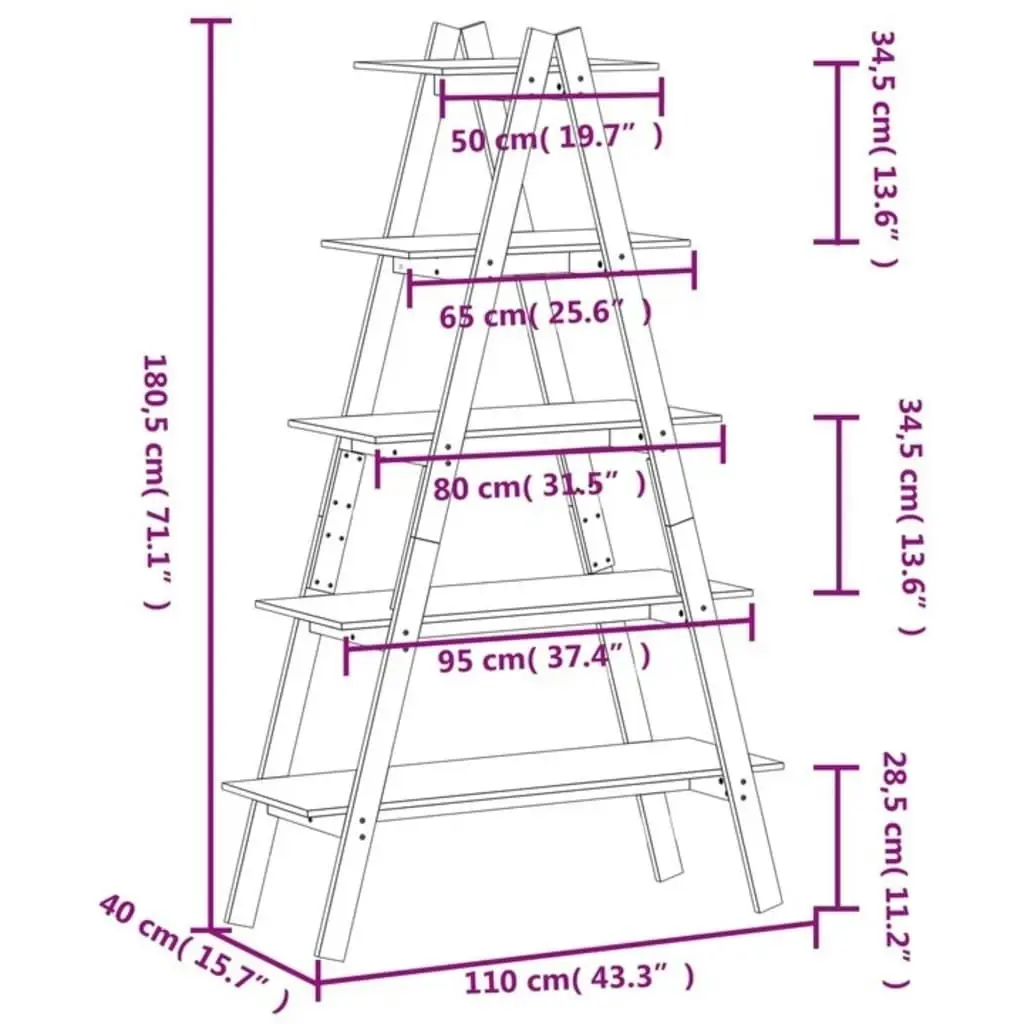 5-Tier Shelf A-shape 110x40x180.5 cm Solid Wood Pine 832332