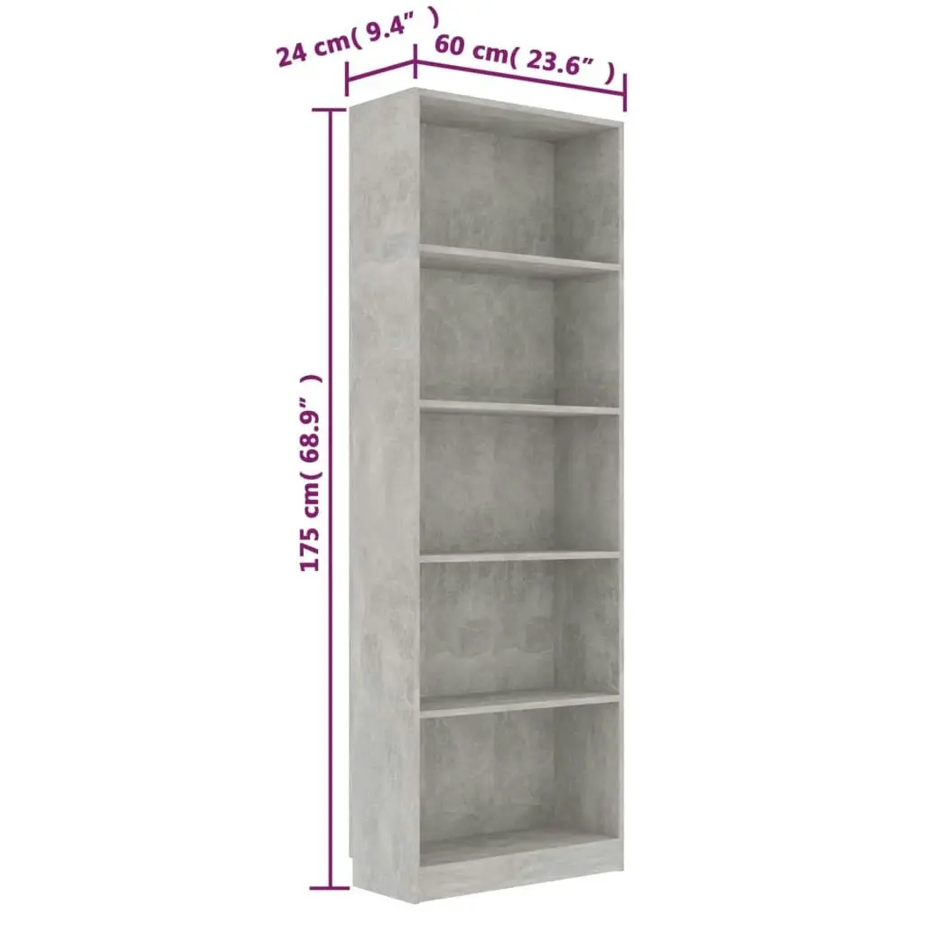 5-Tier Book Cabinet Concrete Grey 60x24x175 cm Engineered Wood 800886