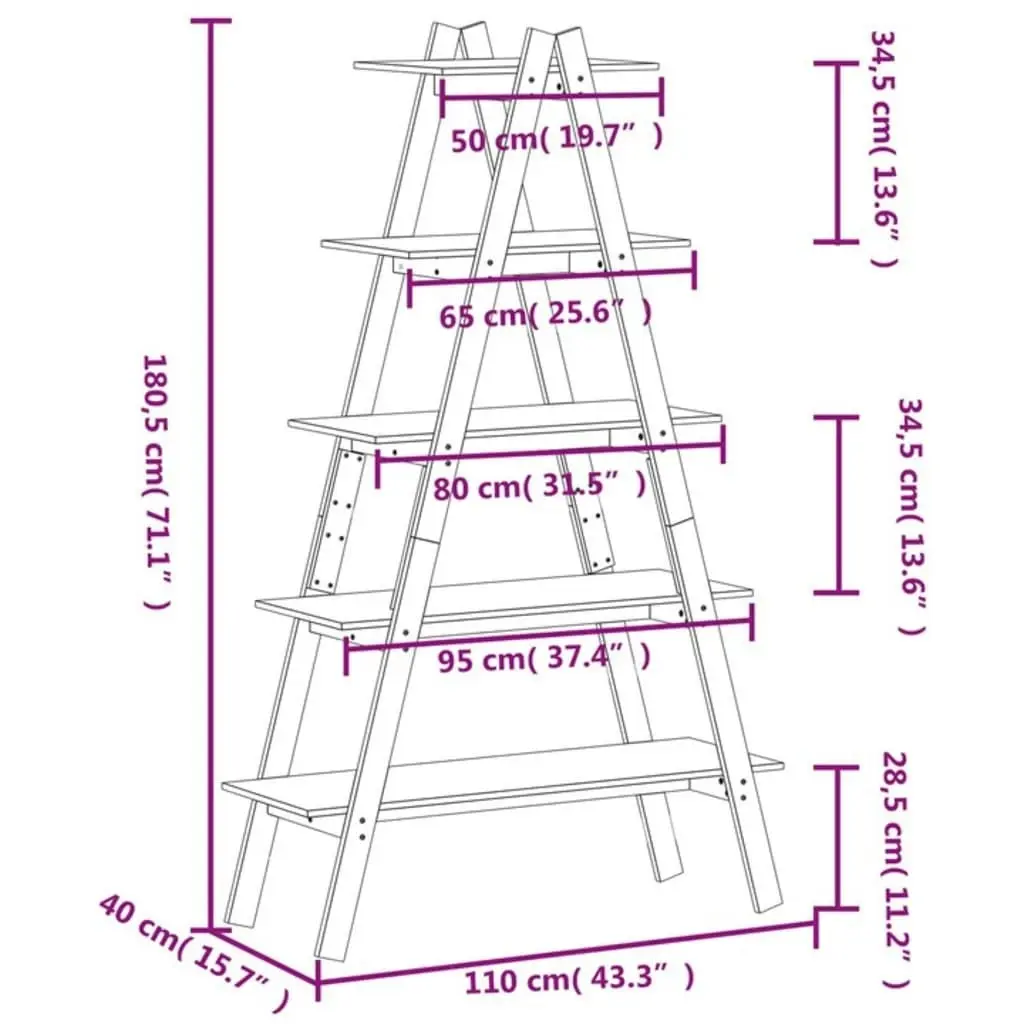 5-Tier Shelf A-shape 110x40x180.5 cm Solid Wood Pine 832331