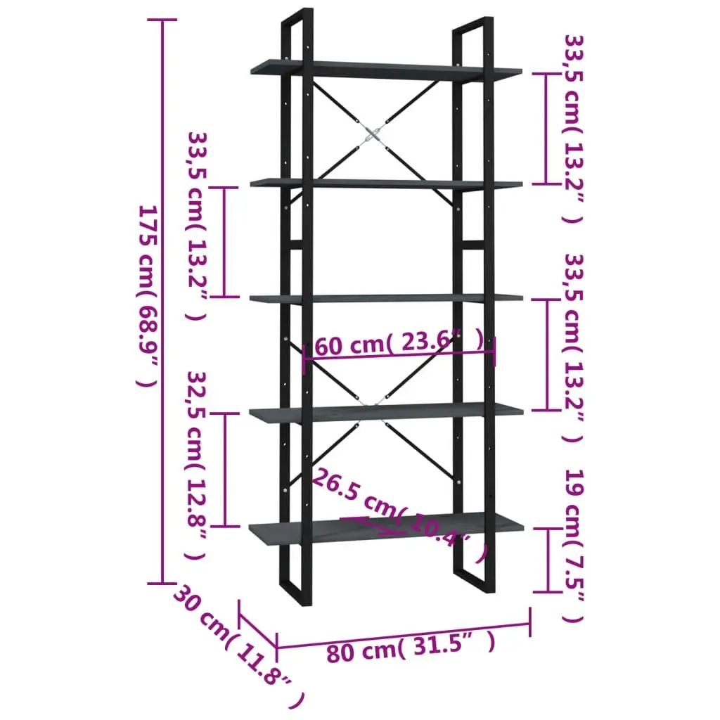 5-Tier Book Cabinet Grey 80x30x175 cm Pinewood 3081995