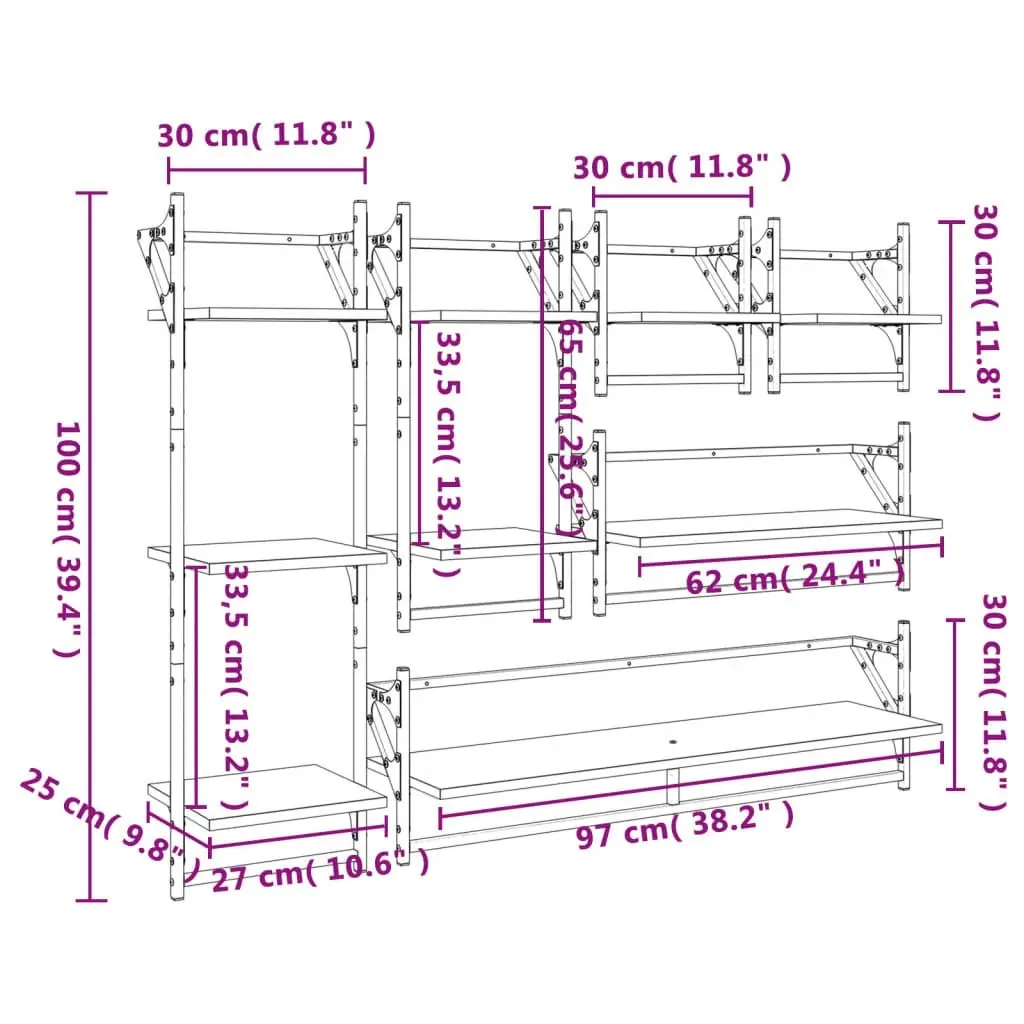 6 Piece Wall Shelf Set with Bars Black Engineered Wood 836268