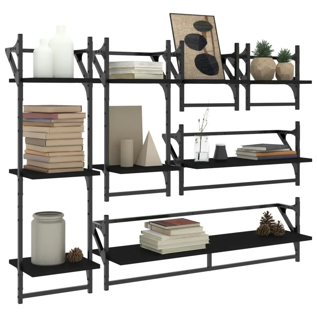 6 Piece Wall Shelf Set with Bars Black Engineered Wood 836268