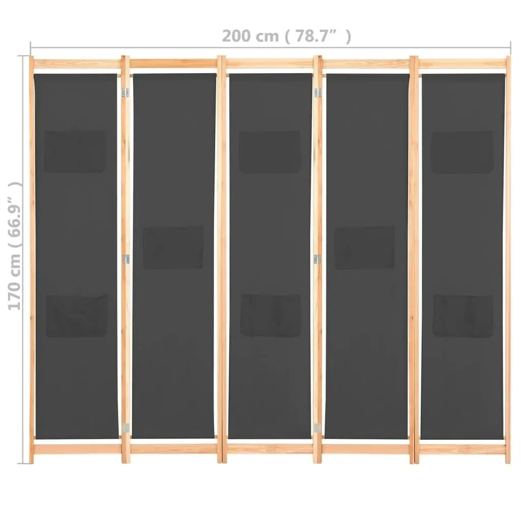 5-Panel Room Divider Grey 200x170x4 cm Fabric 248177