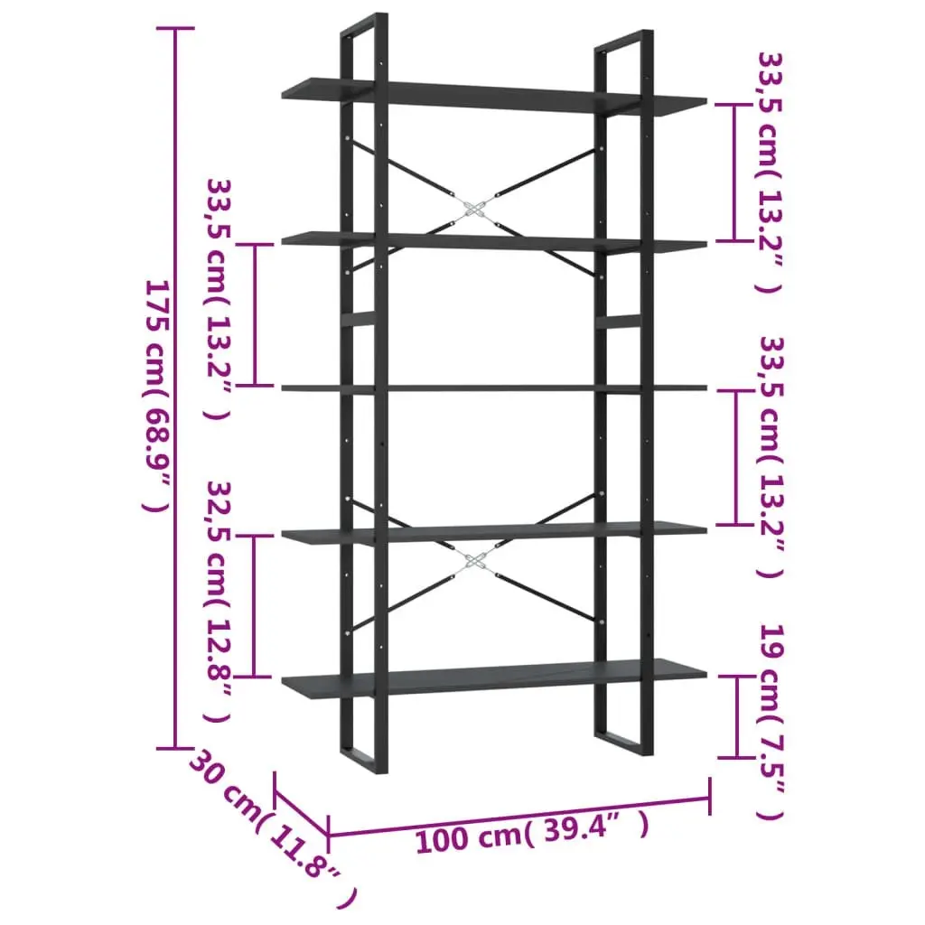 5-Tier Book Cabinet Grey 100x30x175 cm Engineered Wood 3082000