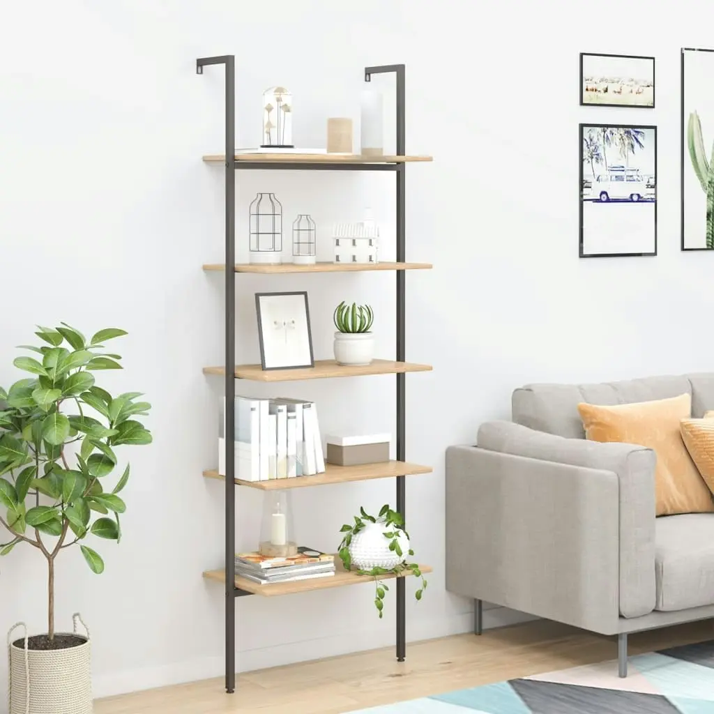 5-Tier Leaning Shelf Light Brown and Black 64x35x185 cm 336385