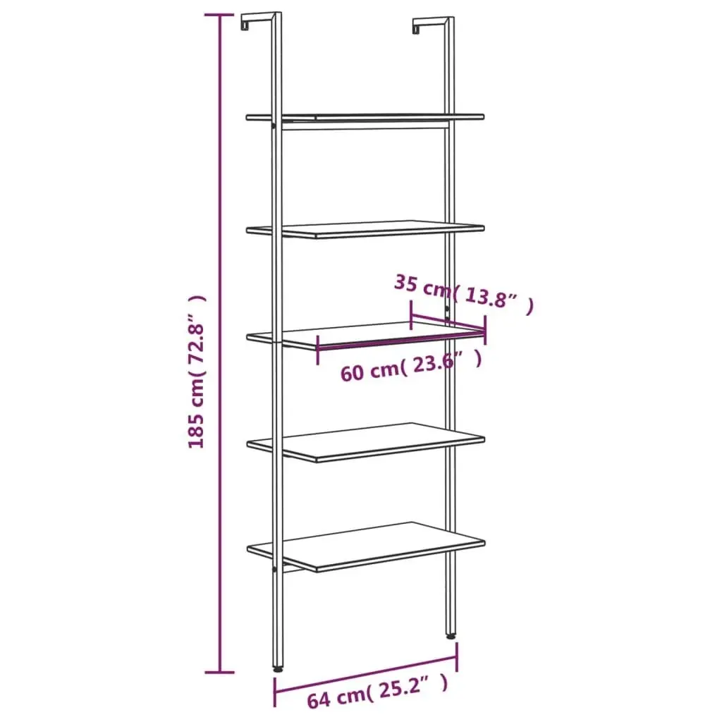 5-Tier Leaning Shelf Light Brown and Black 64x35x185 cm 336385