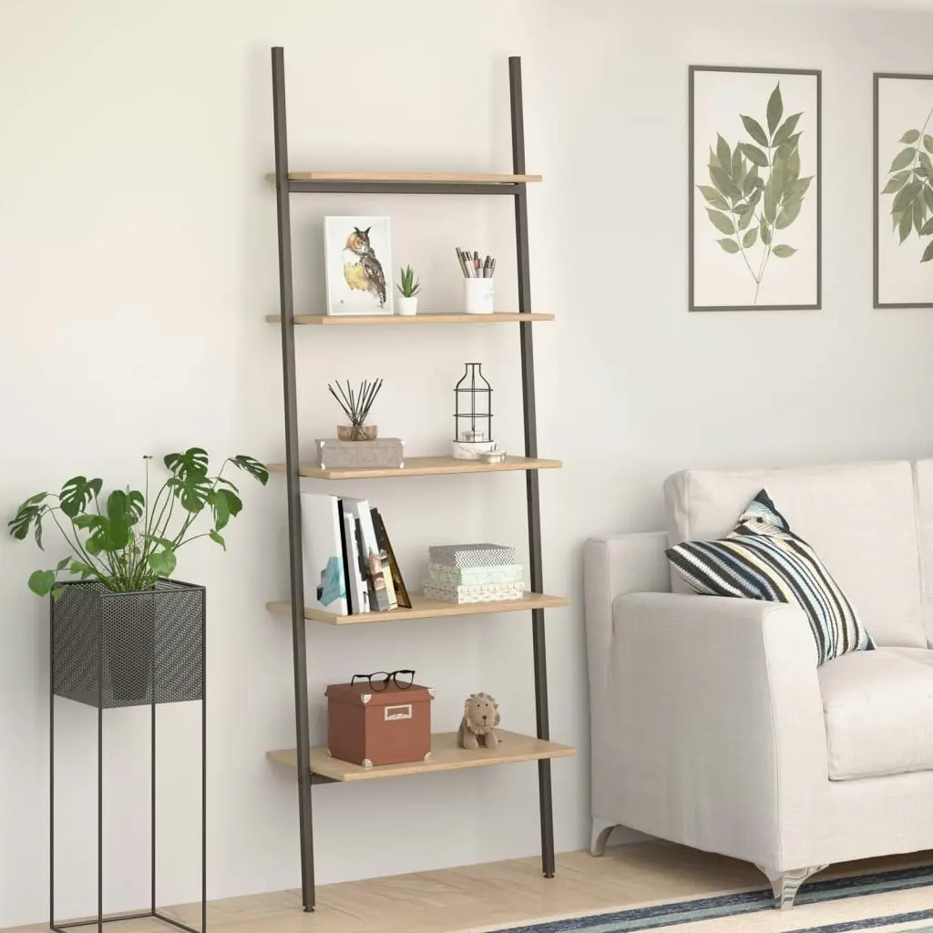 5-Tier Leaning Shelf Light Brown and Black 64x34x185.5 cm 336376