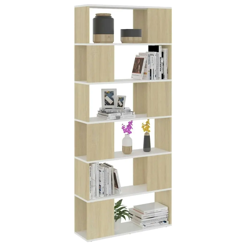 Book Cabinet Room Divider White and Sonoma Oak 80x24x186 cm Engineered Wood 809157