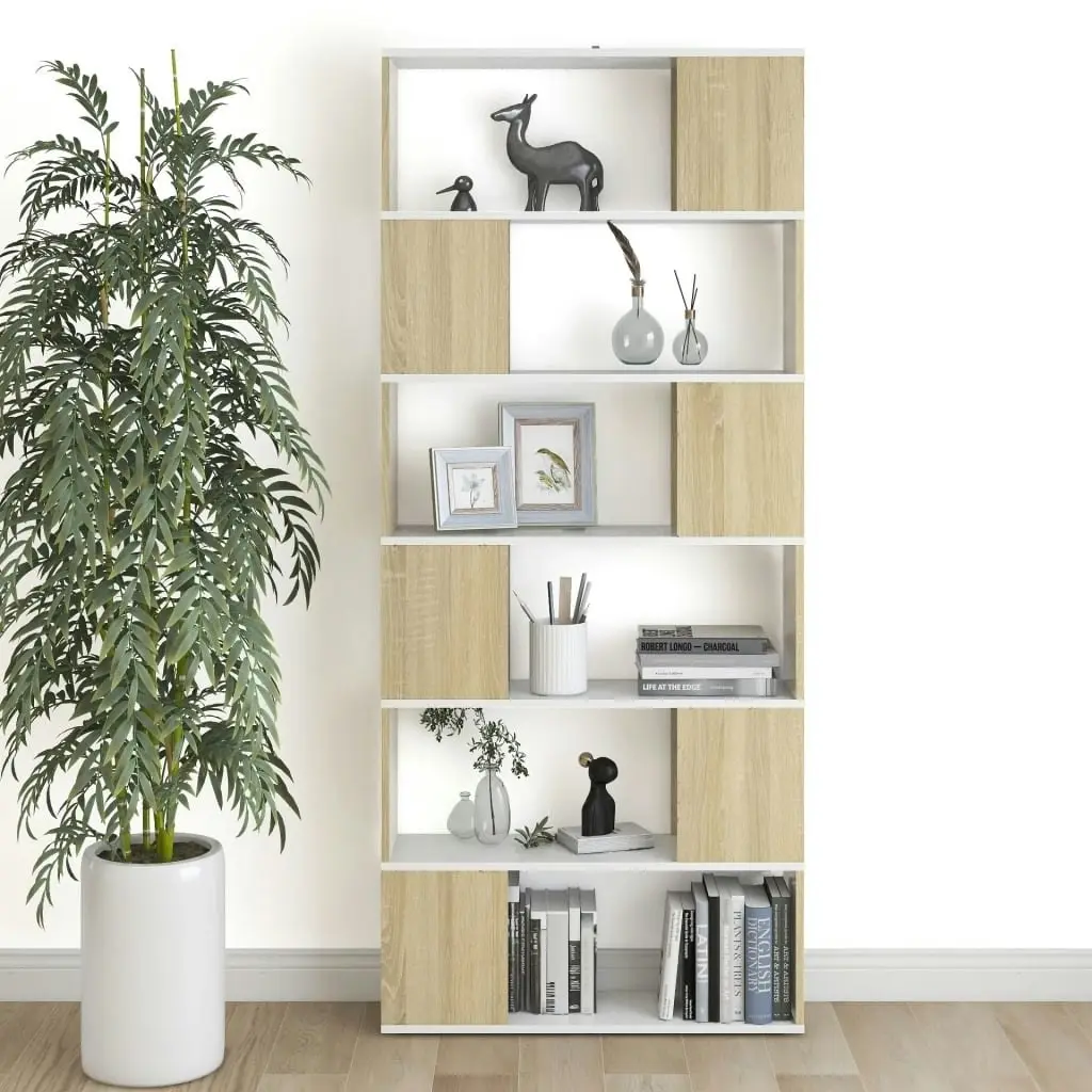 Book Cabinet Room Divider White and Sonoma Oak 80x24x186 cm Engineered Wood 809157