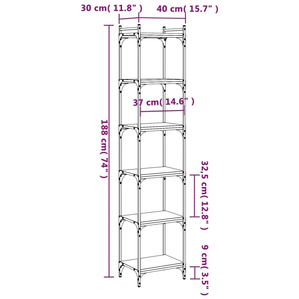 Bookcase 6-Tier Black 40x30x188 cm Engineered Wood 837642