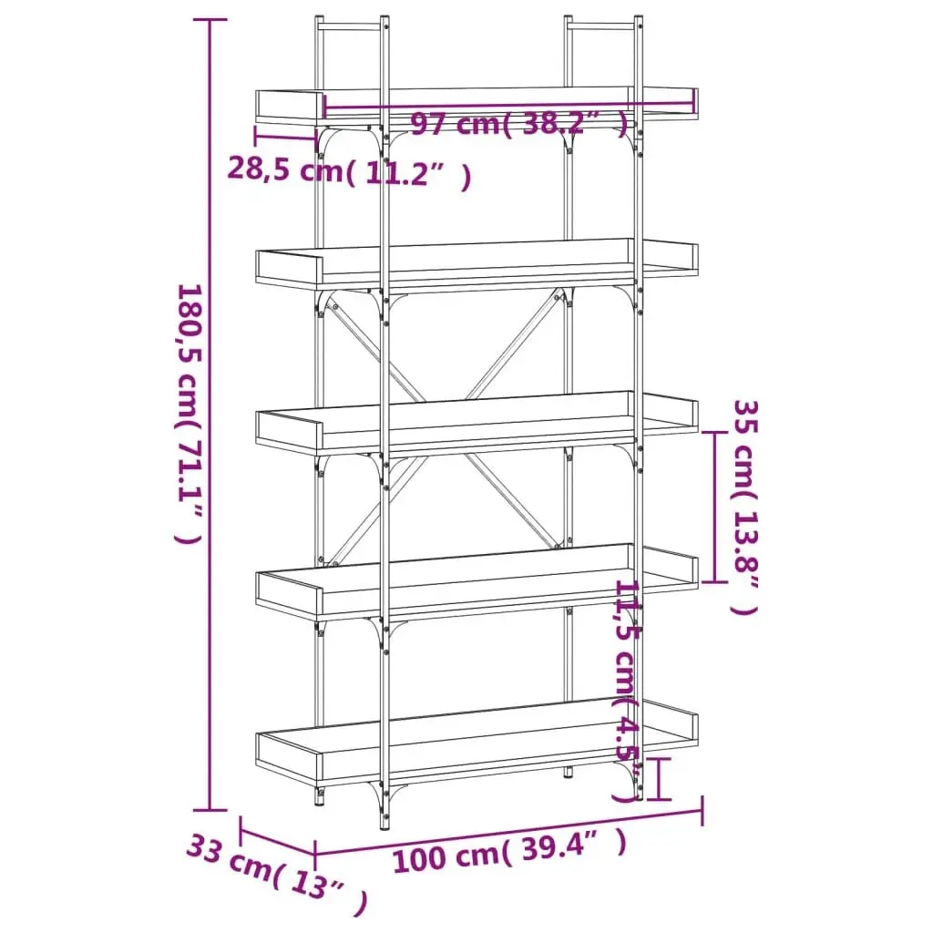 Bookcase 5-Tier Black 100x33x180.5 cm Engineered Wood 837697