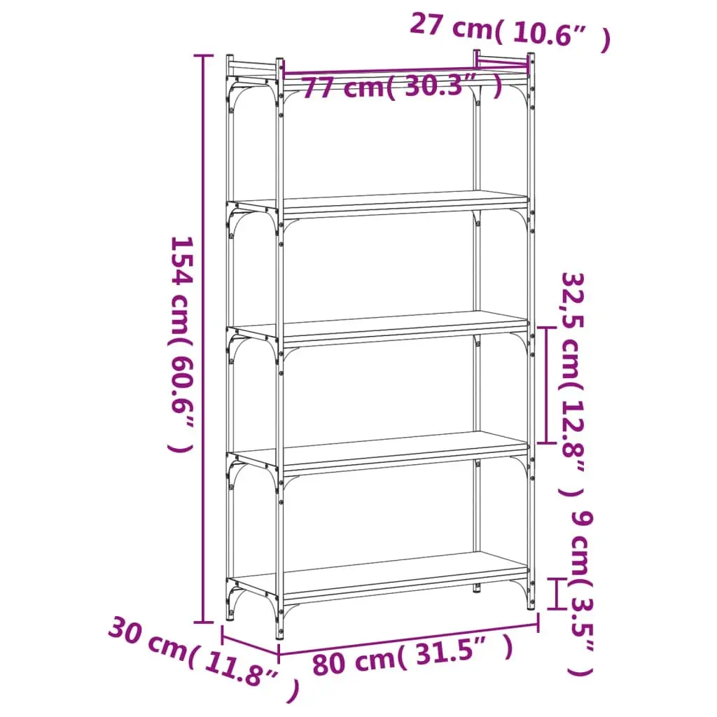 Bookcase 5-Tier Black 80x30x154 cm Engineered Wood 837677