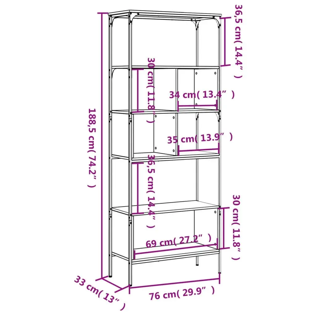 Bookcase 5-Tier Black 76x33x188.5 cm Engineered Wood 839003