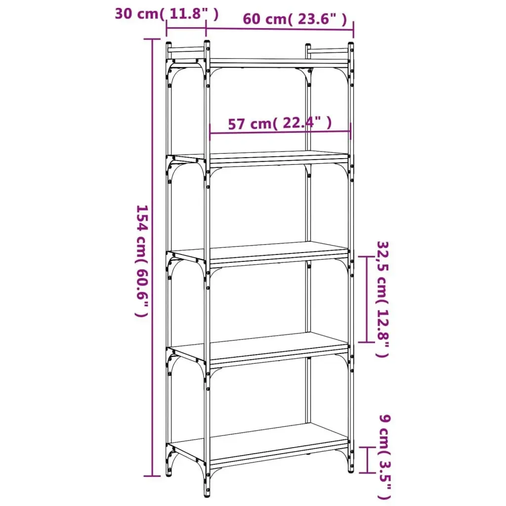 Bookcase 5-Tier Black 60x30x154 cm Engineered Wood 837657