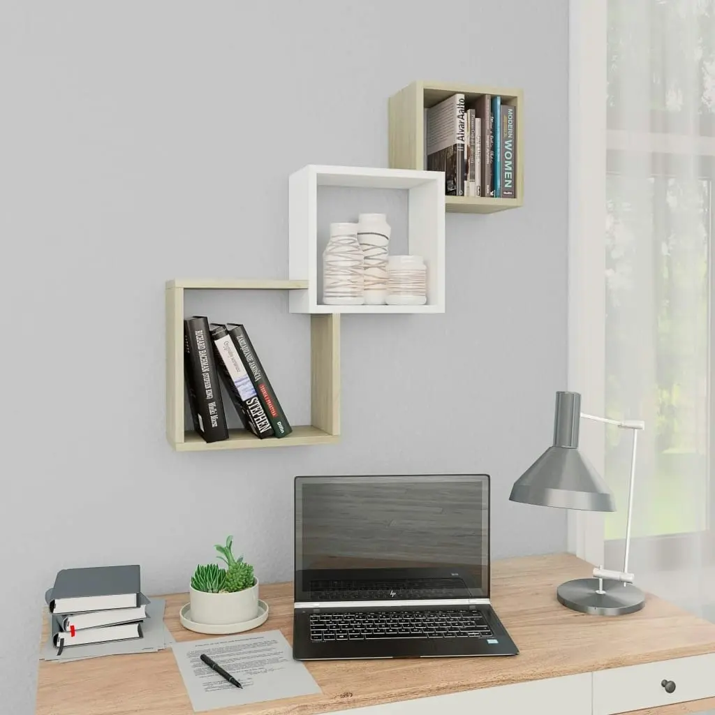 Cube Wall Shelves White and Sonoma Oak 68x15x68 cm Engineered Wood 800275