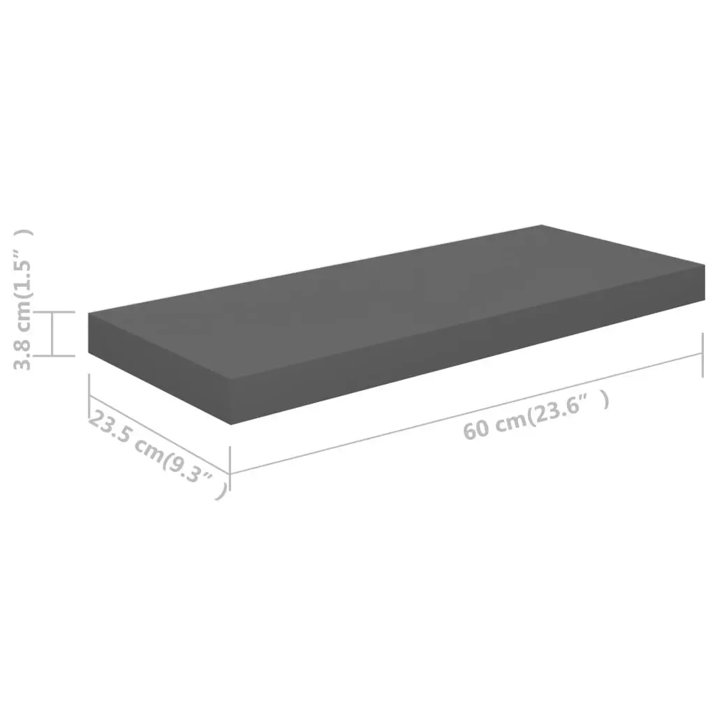 Floating Wall Shelf High Gloss Grey 60x23.5x3.8 cm MDF 323790