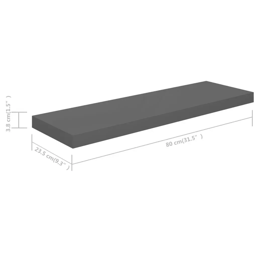 Floating Wall Shelves 2 pcs High Gloss Grey 80x23.5x3.8 cm MDF 323794