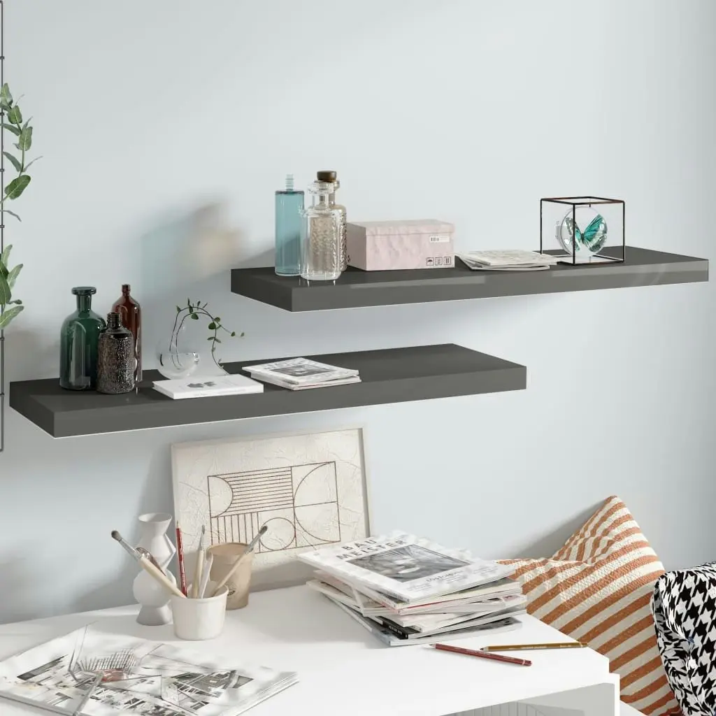 Floating Wall Shelves 2 pcs High Gloss Grey 80x23.5x3.8 cm MDF 323794