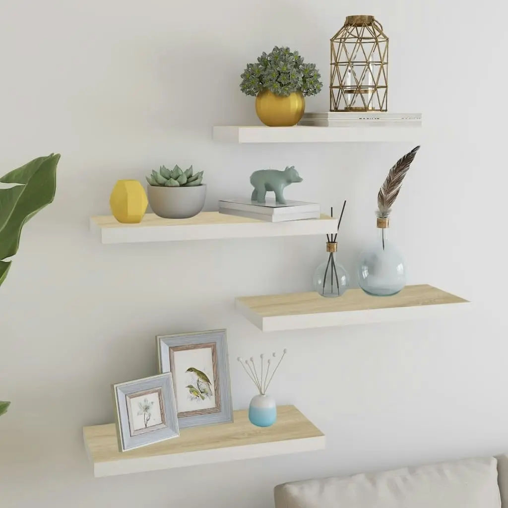 Floating Wall Shelves 4 pcs Oak and White 60x23.5x3.8 cm MDF 326578