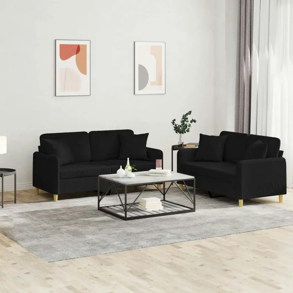 2 Piece Sofa Set with Pillows Black Fabric 3202106