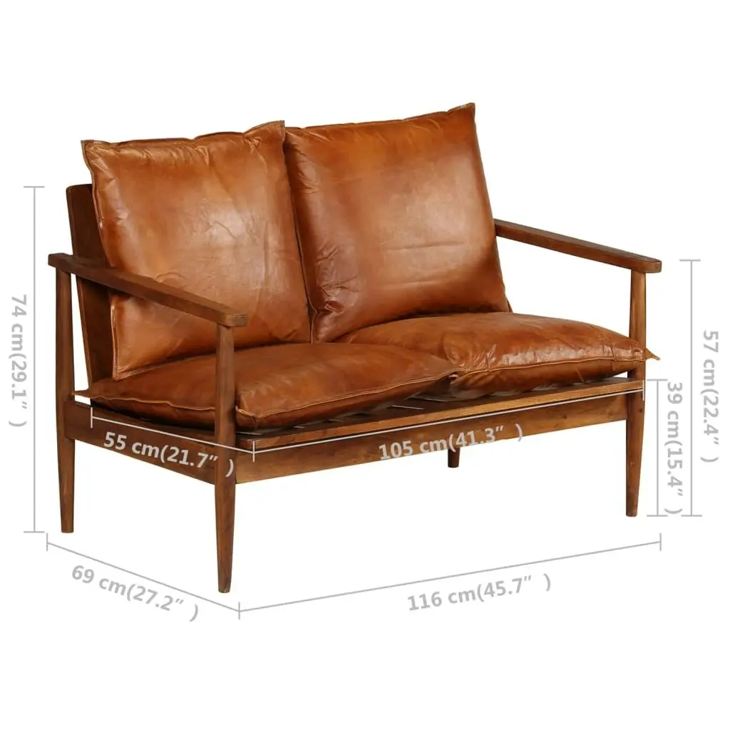 2-Seater Sofa Real Leather with Acacia Wood Brown 246482