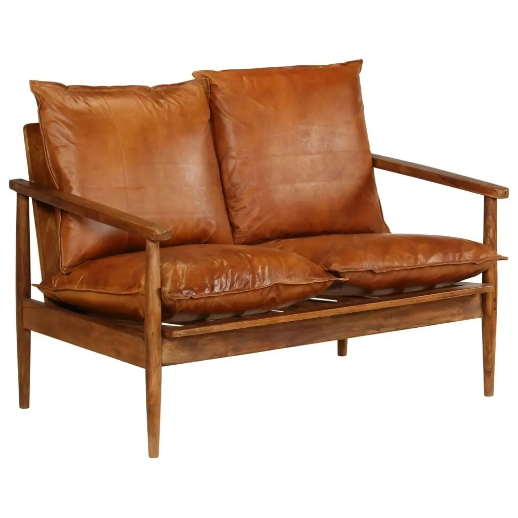 2-Seater Sofa Real Leather with Acacia Wood Brown 246482