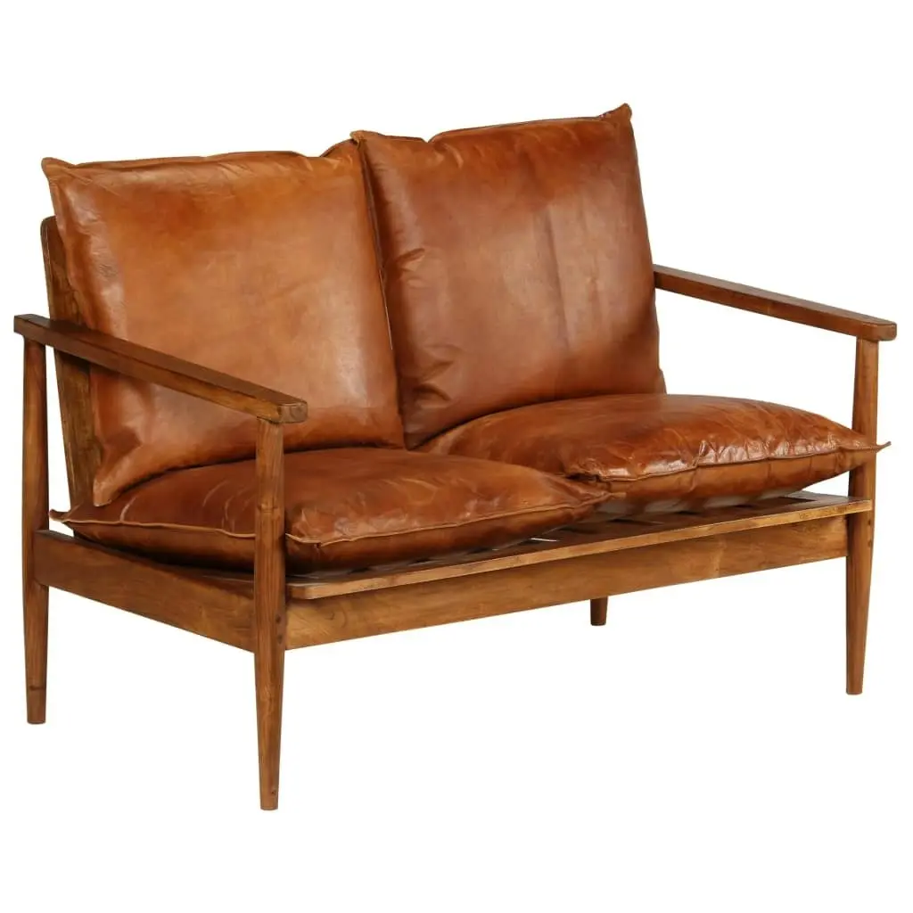 2-Seater Sofa Real Leather with Acacia Wood Brown 246482