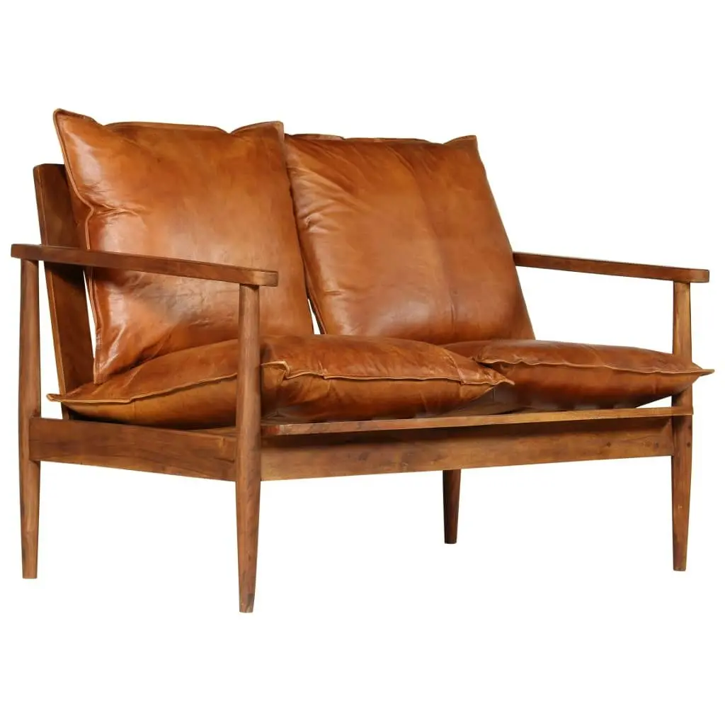 2-Seater Sofa Real Leather with Acacia Wood Brown 246482