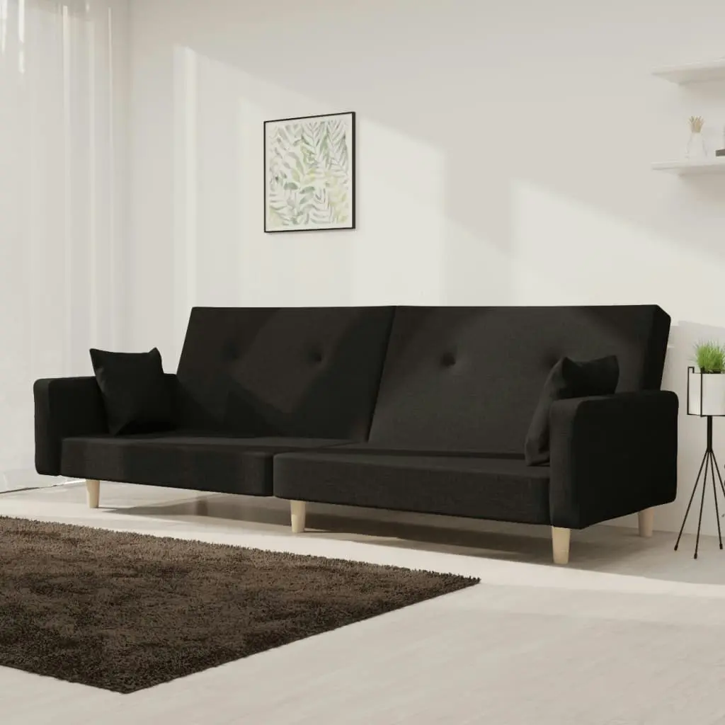 2-Seater Sofa Bed with Two Pillows Black Fabric 375743