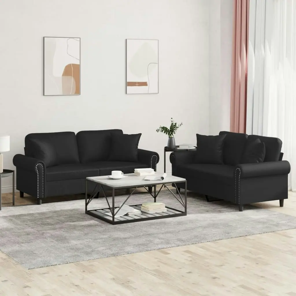 2 Piece Sofa Set with Pillows Black Faux Leather 3202160