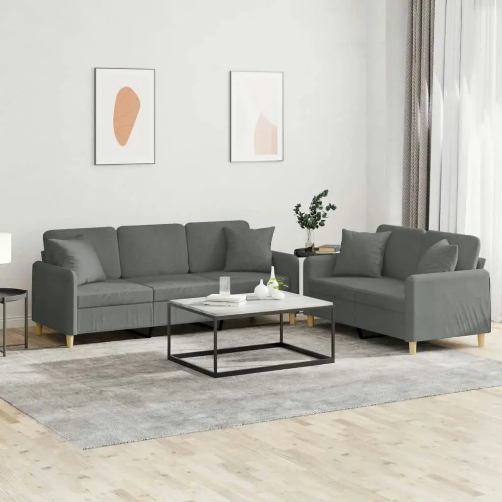 2 Piece Sofa Set with Pillows Dark Grey Fabric 3202135